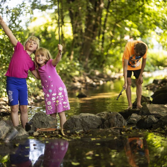 Kinder spielen am Bach im Wasser
