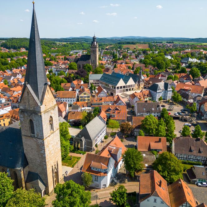 Panorama Nikolaikirche, Rathaus und Kilianskirche in Korbach 