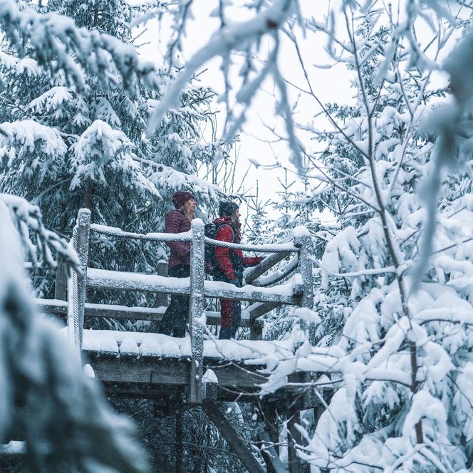 2 Frauen wandern auf dem verschneiten Kyrillpfad über eine Brücke