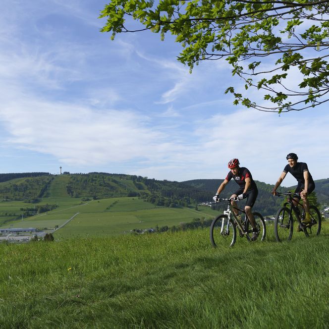 Zwei junge Männer auf Mountainbikes auf einer Wiese, im Hintergrund der Ettelsberg in Willingen